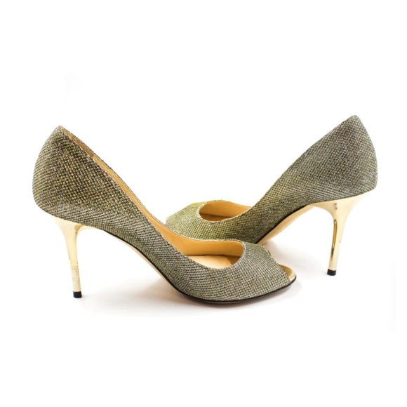 Jimmy Choo Peep Toe Pumps Sz 36.5 Gold Glitter High Stiletto Heels - Picture 3 of 11